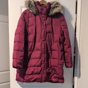 Lands' End Women's Puffer Jacket - Plum with Faux Fur Hood